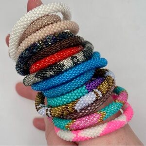 Lot of 14 Glass Seed Bead Roll on Bracelets Set of Rainbow Colors Pattern Solid